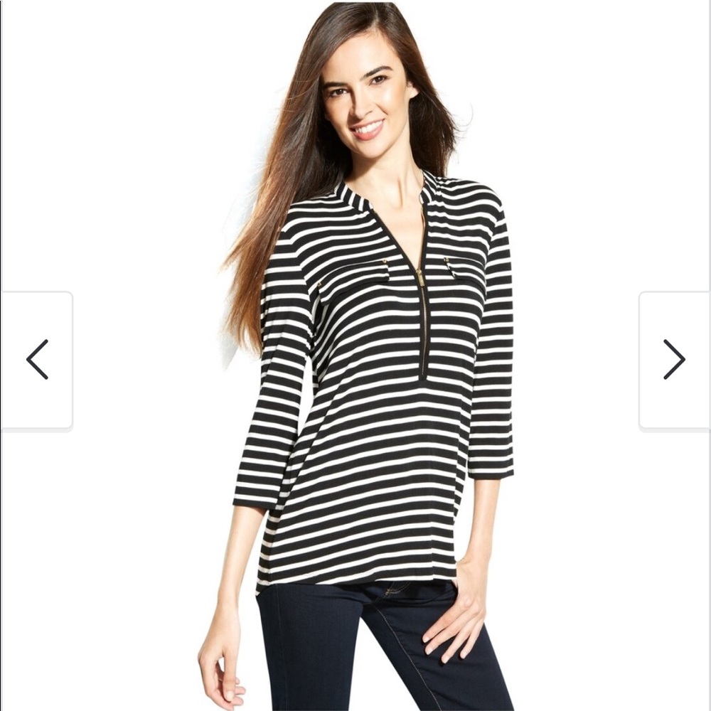 3 for $30 Calvin Klein Zip Front Black and White Striped Pullover Blouse